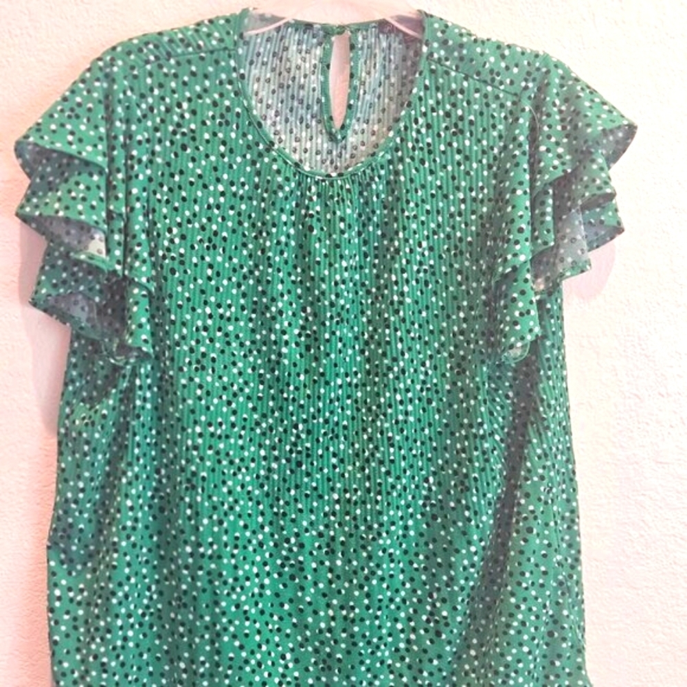Adriana Papel Boho Polka Dot Kelly Green Flutter sleeve St. Patrick Blouse top M